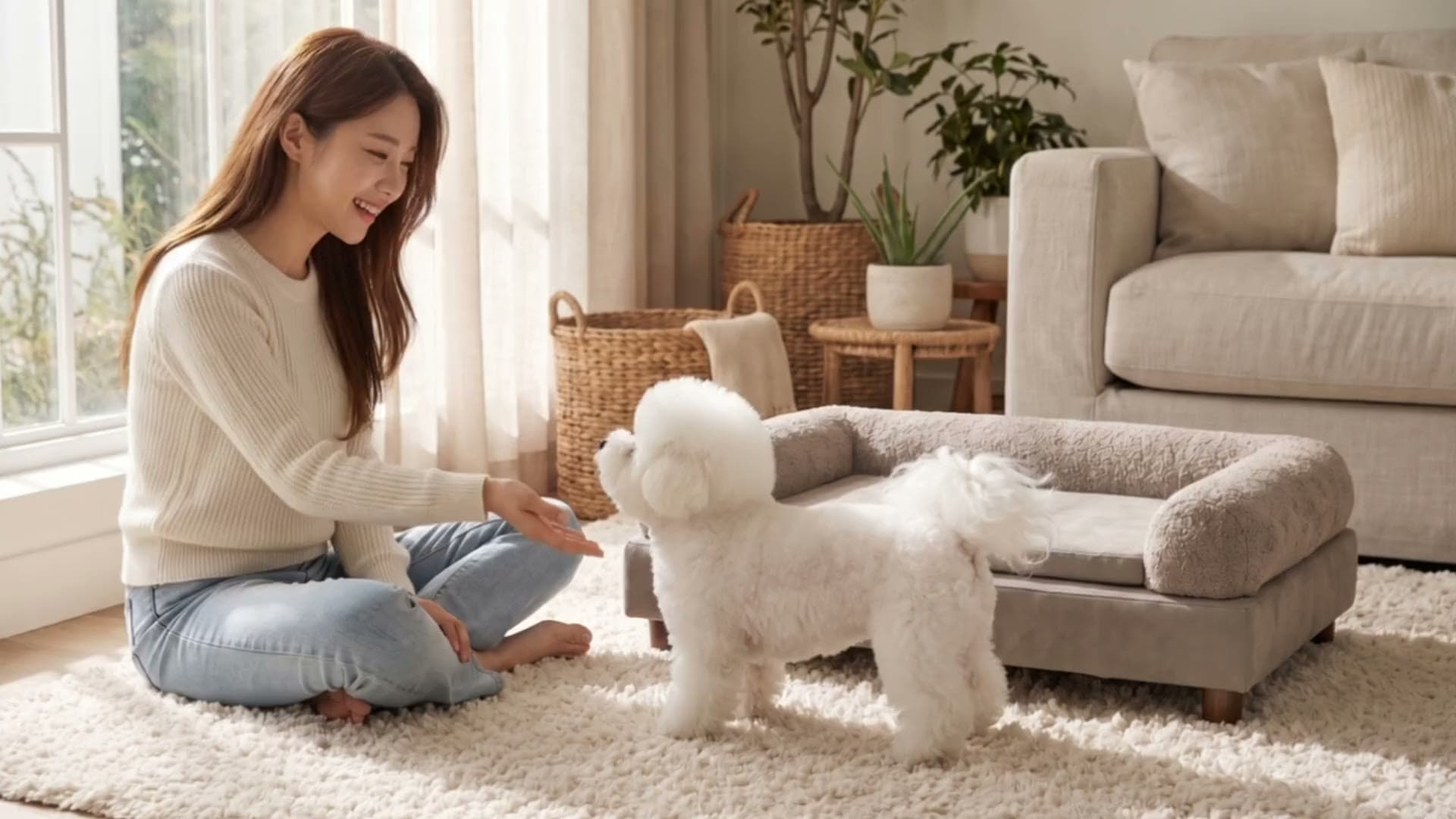 보호자의 손짓에 강아지가 펫베드에 올라가 하이파이브하는 모습
